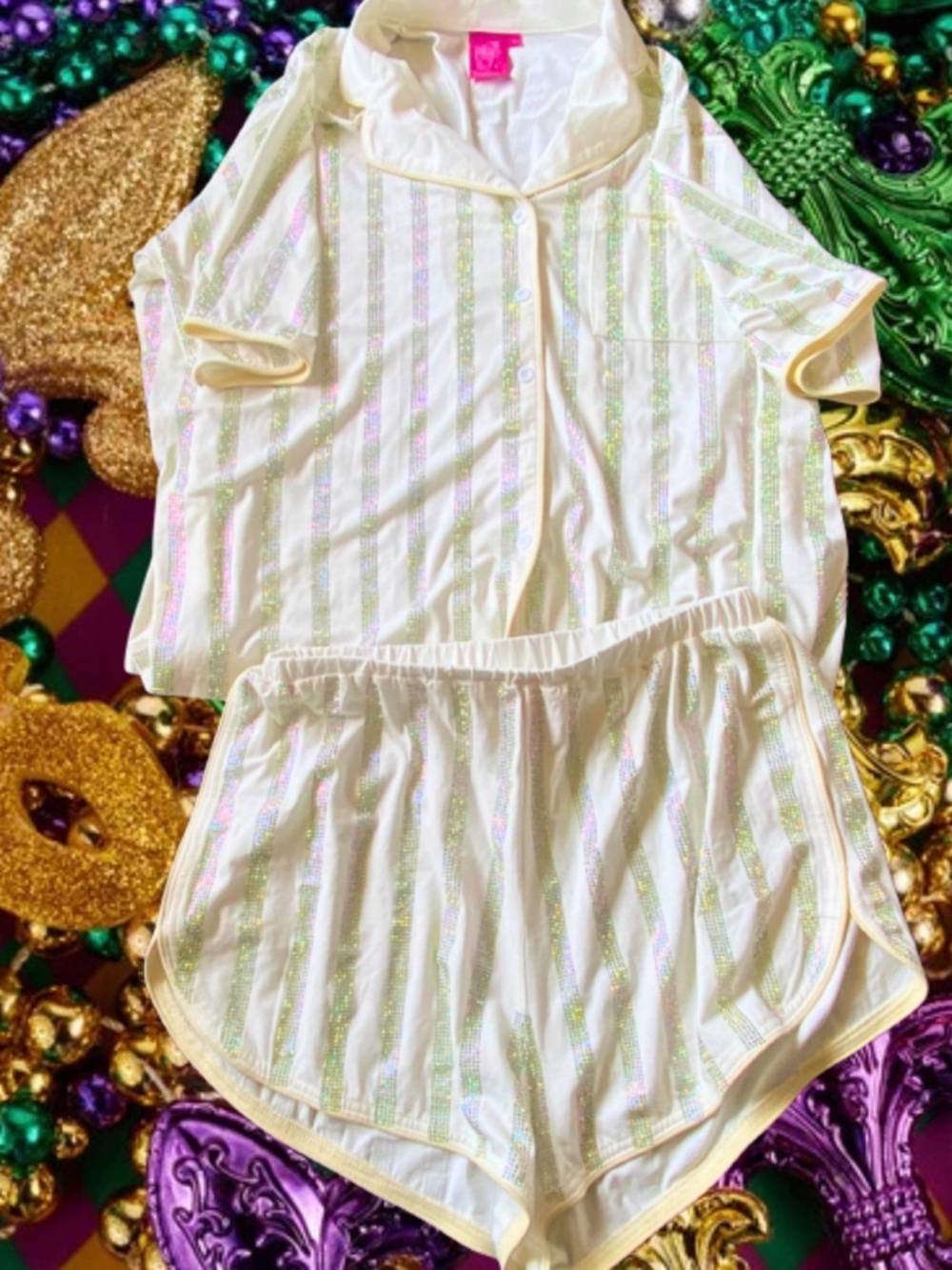 Queen Of Sparkles Glitter Striped White Cotton/Spandex 2-Piece Set Womens Small
